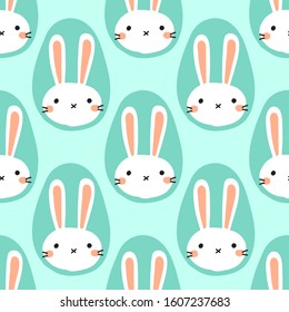 Cute scandinavian Easter seamless pattern with hand drawn rabbits egg shaped portrait, creative spring design in naive art doodle style, baby nursery texture ideal for textile, wallpaper, apparel etc