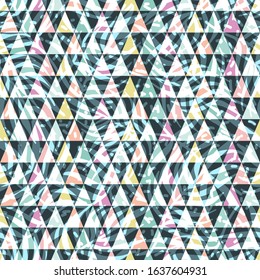 Cute Scandinavian geometric seamless pattern with triangles and plant texture. Colorful abstract background. Ideal for decorating the surface of Wallpaper, textiles, wrapping paper, fabric, packaging
