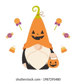 Cute Scandinavian gnome character in Halloween pumpkin costume. Flat cartoon style vector illustration, isolated on white background.