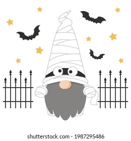 Cute Scandinavian gnome character in Halloween mummy costume. Flat cartoon style vector illustration; isolated on white background.