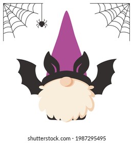 Cute Scandinavian gnome character in Halloween bat costume. Flat cartoon style vector illustration, isolated on white background.