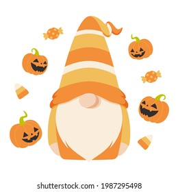 Un bonito personaje de gnomo escandinavo con disfraz de maíz dulce de Halloween. Ilustración vectorial de estilo caricatura plana, aislada en fondo blanco.