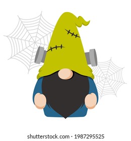 El bonito personaje del gnomo escandinavo en el disfraz monstruo de Halloween Frankenstein. Ilustración vectorial de estilo caricatura plana, aislada en fondo blanco.