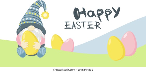Cute scandinavian gnome with easter eggs. Easter vector banner. Hand drawn lettering Happy Easter. Horizontal background. 