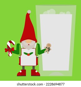 A cute Scandinavian gnome with a gingerbread man. Large glass of milk and sweets. Santa New Year's Eve gnome.