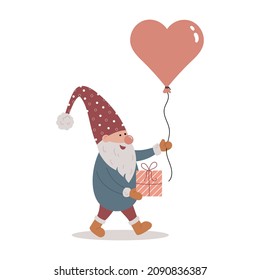 Cute Scandinavian gnome holding a heart shaped balloon and gift and going in the holiday. Love, Valentine's day, wedding thems, card, invitation, print. Trendy style, vector illustration