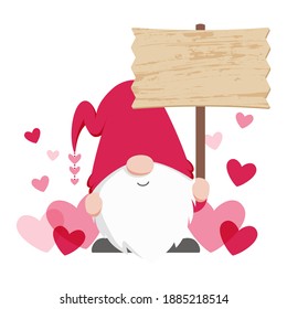 Cute Scandinavian gnome holding a wooden sign board, with hearts background. Love themed gnome illustration.