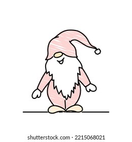 cute scandinavian gnome, smiling dwarf, black line doodle vector illustration, pencil drawn style, simple sketch