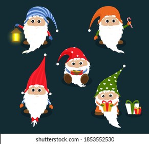 Cute Scandinavian gnomes in Christmas. Cute Scandinavian gnomes in Christmas hats in cartoon style. Collection of gnomes Christms isolated. Vector illustration