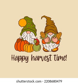 Cute scandinavian gnomes crop harvest. Fall thanksgiving clipart. Funny nordic gnomes. Fall greeting card template with text. Little dwarf vector for print, cut file, home decor, invitation, poster.