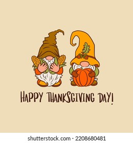 Cute scandinavian gnomes crop harvest autumn thanksgiving theme. Funny gnomes fall card template. Greeting text. Fall nordic dwarf vector for  print, cut file, home decor, invitation, poster, etc.