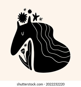 Cute Scandinavian horse art. Folk rural rustic fairytale style, hygge and lagom design. Nordic scandi decor elements.