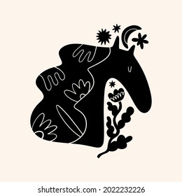 Cute Scandinavian horse art. Folk rural rustic fairytale style, hygge and lagom design. Nordic scandi decor elements.