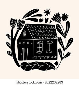 Cute Scandinavian house art. Folk rural rustic fairytale style, hygge and lagom design. Nordic scandi decor elements.