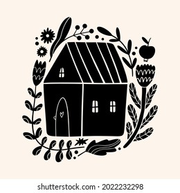 Cute Scandinavian house art. Folk rural rustic fairytale style, hygge and lagom design. Nordic scandi decor elements.