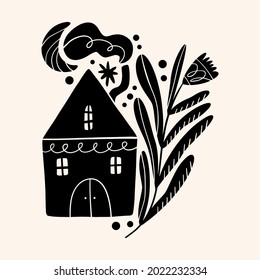 Cute Scandinavian house art. Folk rural rustic fairytale style, hygge and lagom design. Nordic scandi decor elements.