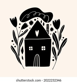 Cute Scandinavian house art. Folk rural rustic fairytale style, hygge and lagom design. Nordic scandi decor elements.