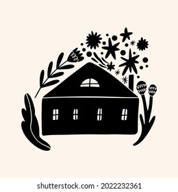 Cute Scandinavian house art. Folk rural rustic fairytale style, hygge and lagom design. Nordic scandi decor elements.