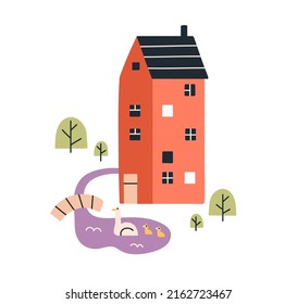 Cute Scandinavian House With Birds In Pond, Bridge Outside. Sweet Home Exterior In Scandi Nordic Style. Small Town Building. Childish Colored Flat Vector Illustration Isolated On White Background