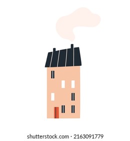 Cute Scandinavian house with roof chimney and smoke. Cozy sweet home of old town in Scandinavia. Small nordic building with windows. Scandi flat vector illustration isolated on white background