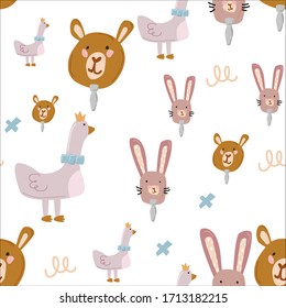 Pequeños escandinavos sin fisuras con animales divertidos, niños juguetes móviles, bolsos de belleza, hojas, flores. Dibujo del doodle de caricatura Vector.