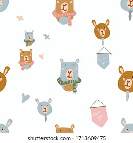 Cute scandinavian kids seamless pattern with funny animals, kids mobile toys, beanbag, leaves, flowers. Cartoon doodle illustration Vector.