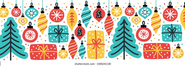 Cute Scandinavian Merry Little Christmas horizontal banner background with hand drawn Christmas tree, balls, present boxes and confetti for your decoration