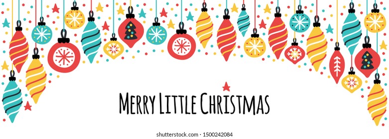 Cute Scandinavian Merry Little Christmas horizontal banner background with hand drawn Christmas balls and confetti for your decoration