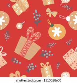 Cute Scandinavian Merry Little Christmas seamless background with hand drawn Christmas balls, present boxes, bows and berries for your decoration, wrapping.
