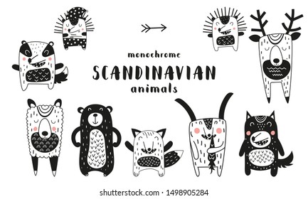Cute scandinavian monochrome prints animals. Hand drawn. Doodle cartoon animals for nursery posters, cards, kids t-shirts. Vector illustration. Bear, hedgehog, llama, fox, hare, wolf, deer.