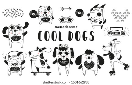 Cute scandinavian monochrome prints - cool funny dogs. Hand drawn. Doodle cartoon animals for nursery posters, cards, kids t-shirts. Vector illustration.