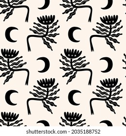 Cute Scandinavian moon flowers seamless pattern. Folk rural rustic fairytale style, hygge and lagom design. Nordic scandi decor elements.