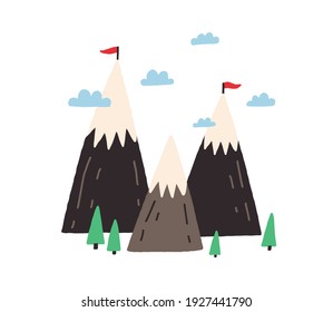 Cute Scandinavian mountains with small flags on ice tops. Baby flat vector illustration of little mounts, fir trees and clouds isolated on white background