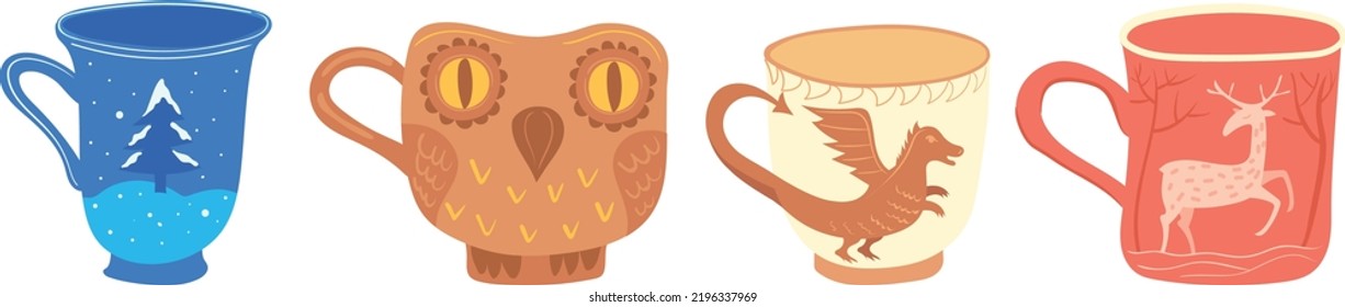 Cute scandinavian mug set. Color doodle cups isolated on white background