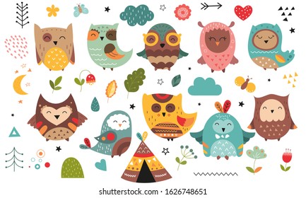 Cute scandinavian owls. Hand drawn. Doodle cartoon owls for nursery posters, cards, t-shirts. Vector illustration. Flowers, wigwam and plants.