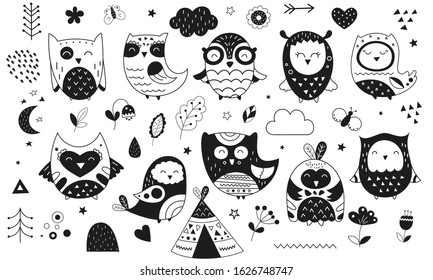 Cute scandinavian owls. Hand drawn. Doodle cartoon owls for nursery posters, cards, t-shirts. Monochrome vector illustration. Flowers, wigwam and plants.