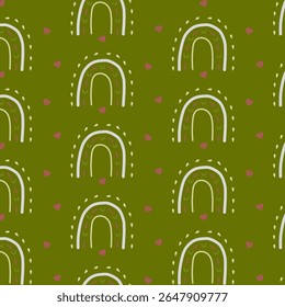 Padrão escandinavo bonito no fundo verde, padrão escandinavo com arco-íris e coração