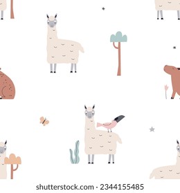 Cute Scandinavian pattern. Seamless background, childish print, baby animals. Texture design, llama and capybara. Flat vector illustration for kids wallpaper, textile, fabric, wrapping in Scandi style