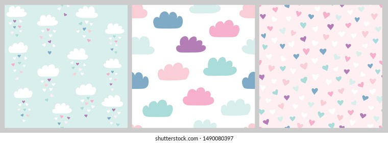 Cute scandinavian pattern set with clouds and hearts. Vector seamless background for Valentines day with clouds and heart rain. Illustration for babies, kids.