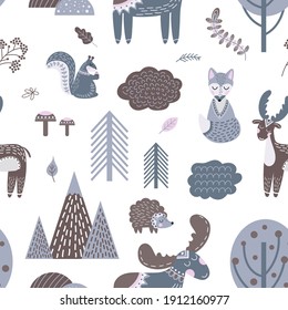 Cute scandinavian pattern. Wood animals, woodland stylish background. Baby nursery cute print, nordic forest decent vector seamless texture
