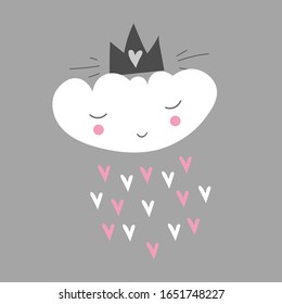 Cute scandinavian poster with cloud and hearts. Kids drawing. Cartoon style. Vector illustration