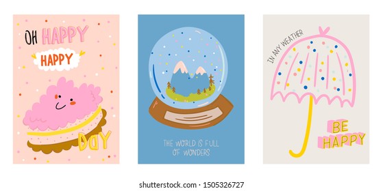 Cute scandinavian poster set including trendy quotes and cool decorative hand drawn elements. Cartoon doodle style illustration for patches, stickers, T-shirt, nursery, kids characters design. Vector.