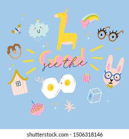 Cute scandinavian poster set including trendy quotes and cool decorative hand drawn elements. Cartoon doodle style illustration for patches, stickers, T-shirt, nursery, kids characters design. Vector.