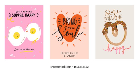 Cute scandinavian poster set including trendy quotes and cool decorative hand drawn elements. Cartoon doodle style illustration for patches, stickers, T-shirt, nursery, kids characters design. Vector.
