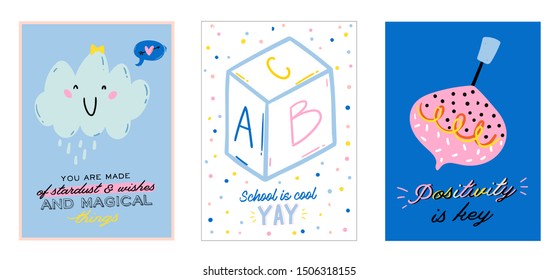 Cute scandinavian poster set including trendy quotes and cool decorative hand drawn elements. Cartoon doodle style illustration for patches, stickers, T-shirt, nursery, kids characters design. Vector.