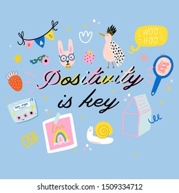 Cute scandinavian poster set including trendy quotes and cool decorative hand drawn elements. Cartoon doodle style illustration for patches, stickers, T-shirt, nursery, kids characters design. Vector.