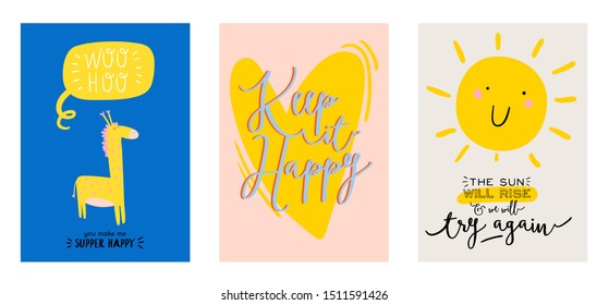 Cute scandinavian poster set including trendy quotes and cool decorative hand drawn elements. Cartoon doodle style illustration for patches, stickers, T-shirt, nursery, kids characters design. Vector.