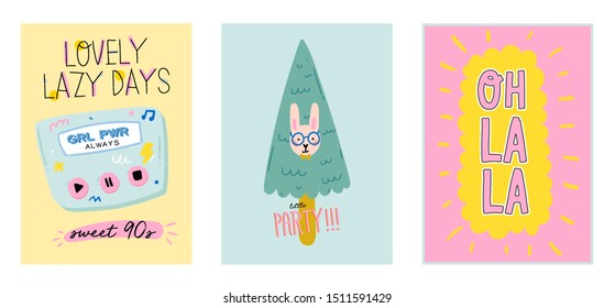 Cute scandinavian poster set including trendy quotes and cool decorative hand drawn elements. Cartoon doodle style illustration for patches, stickers, T-shirt, nursery, kids characters design. Vector.