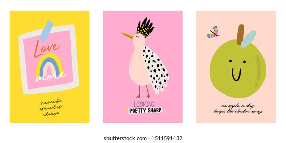 Cute scandinavian poster set including trendy quotes and cool decorative hand drawn elements. Cartoon doodle style illustration for patches, stickers, T-shirt, nursery, kids characters design. Vector.