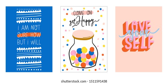 Cute scandinavian poster set including trendy quotes and cool decorative hand drawn elements. Cartoon doodle style illustration for patches, stickers, T-shirt, nursery, kids characters design. Vector.